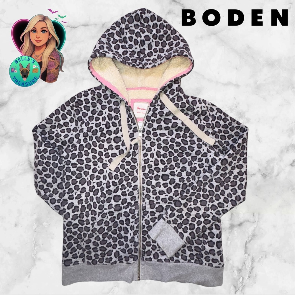 Boden Jacket Womens M 10 Leopard Sherpa Lined Zip Up Hoodie Gray Warm Cozy Fuzzy